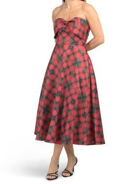 RENE BY RENE RUIZ Strapless Plaid Mikado Tea-length Dress With Bow Front